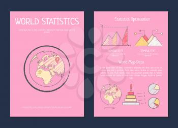 World statistics optimization process methods analysis with Earth planet icon and data analysis. Vector illustration with analytics on pink background