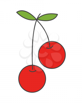 Two red cherries on steam with leaf flat style vector icon isolated on white background. Natural desert from sweet berries. Ripe bird-cherry cartoon illustration for applications, logos or web design