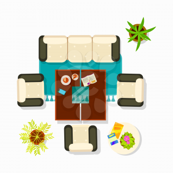 Living room interior decor, icons of sofa, armchairs and plants flower and coffee table with plates, magazine and mobile phone vector illustration