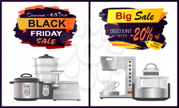 Back sale discount offer on white background. Vector illustration with discount advert and kitchen staff like pans and coffee machine