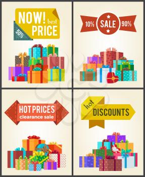 Now best prices hot discounts clearance sale set of premium labels with adverts on banners full of gift boxes in festive paper vector illustration