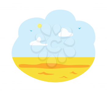 Horizontal view of yellow field or wilderness, cloudy sky and sunshine, hot weather, flying birds. Flat style of meadow, summer and wildlife nature vector