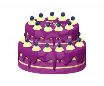 Big lilac pie with lot of blueberries on sweety buttercream vector illustration of huge pretty cake with tasty frosting isolated on white background