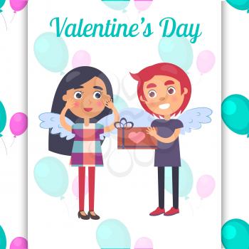 Valentines day poster with boy going to present gift box with heart sign to surprise girl, vector illustration greeting card isolated on balloons