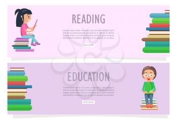 Reading or education concept on two horizontal banners with schoolgirl and schoolboy sitting on pile of books vector illustration