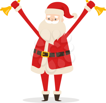 Santa Claus with two golden handbells in hands on white background. Vector illustration of old man with long beard holding jingle to alert his coming. Christmas supermarket or house decoration element