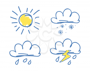 Weather set of icons, images of sun with rays, clouds with snowflakes and raindrops, and lightning on vector illustration isolated on white