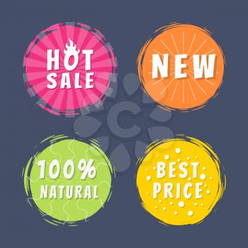 Hot sale new 100 natural best price promo stickers round labels set with brush strokes vector illustration stamps text isolated on blue background