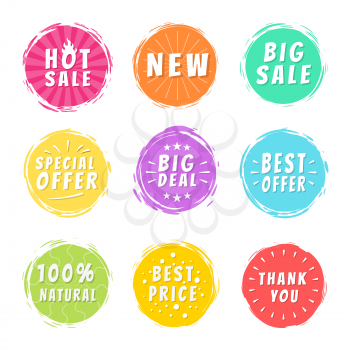 Hot sale new big deal special offer promo best price 100 natural thank you stickers round labels set with brush strokes vector stamps with text