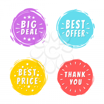 Big deal best offer price thank you 100 natural inscriptions painted spots with brush strokes vector illustration isolated, promo discounts labels