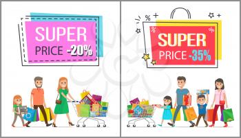 Super price reduction for family shopping promotional poster. Parents and children happy with their new purchases and gifts vector illustrations.