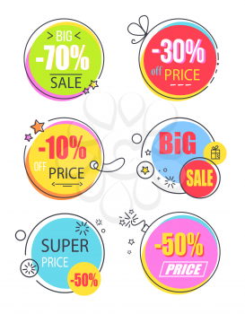 Super price reduction advertisement emblems set. Creative discount logotypes in round circle shape, labels on thread and lace vector illustrations.