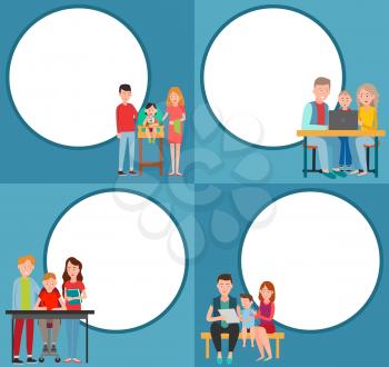 Four color posters with parents and their children, vector illustration with caring mothers and fathers that are working with kids, white circles