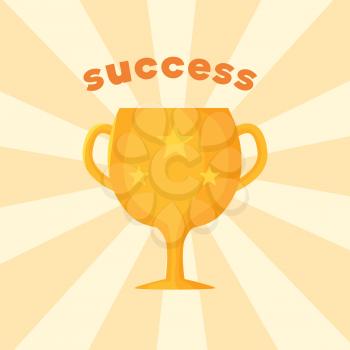 Success template of prize vector illustration of glow cup with cute stars, lot of reflections two handles isolated on bright yellow striped background