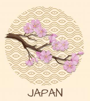 Japan promo poster with sakura branch with pink blossom and pattern in circle isolated cartoon flat vector illustration on beige background.