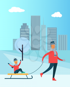 Father carrying child on sleigh spending time together during winter holidays on background of skyscrapers vector illustration wintertime activities