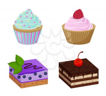 Various blueberry and chocolate cakes with delicious cupcakes with frosting and raspberry, tasty cream, vector illustration isolated on white backdrop