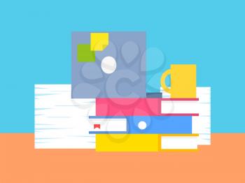 Collection of office stuff vector illustration, abstract table with papers piles, different documents set and yellow cup, reminder notes on laptop