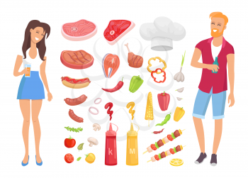 BBQ barbecue meat and vegetables isolated icons vector. Man and woman drinking beverages and smiling. Beef and pork, veggies and sausages, hot dog set