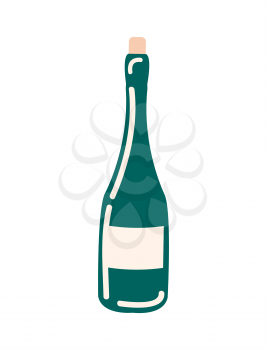 Bottle of wine without label vector isolated icon. Champagne or winery product alcohol drink package made of green glass, wooden cork. Unopened holiday beverage