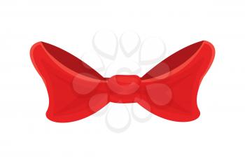 Red bow isolated on white. Single gift knot of ribbon in flat style design. Vector cartoon illustration of bowtie from wide strip, decorative element
