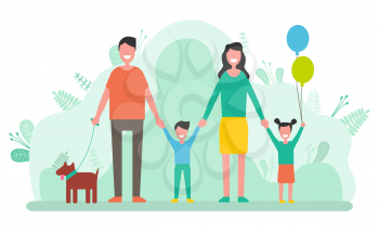 People having family day vector, man and woman with kids and pet. Mother and father with boy and girl, daughter and son with balloon and dog animal