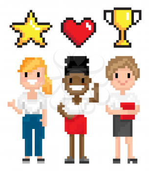 Pixel character, women full length view with power symbols heart, star and award, choosing superhero, pixelated interface, element of game vector