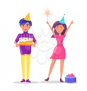 Happy couple celebrating birthday party. Man with bday cake in festive hat and woman with sparkler, vector isolated cartoon people and wrapped gift box
