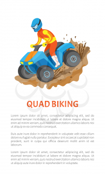 Extreme sport quad biking, man in bright suit and helmet standing on bike, championship or rally, flat view of person on atv driving by mud vector