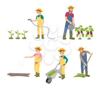 Farming man with can isolated icons set vector. Compost in trolley pushed by woman, agricultural land works on farm. Sowing woman and raking male