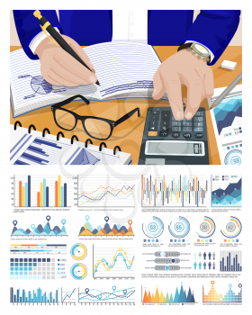 Worker doing calculations on calculator, project work vector. Infographics and schemes with numeric data, systematized information in visual form