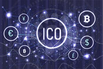 Ico bitcoin and connected currencies set vector. World network on virtual money and banking online, dollar and euro, Chinese yen and pound sterling