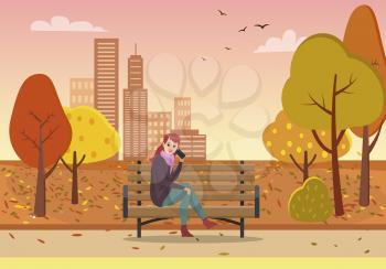 Autumn park and woman talking by phone on bench among trees with dry fall leaves. Skyscrapers at horizon, girl holding smartphone vector illustration.