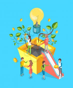 Money tree and lightbulb vector, people making deal, crowdfunding. Financial operations, plant growing in pot, gold dollar coins and foliage leaves