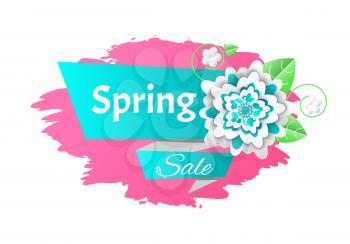 Big spring sale seasonal promotion of goods isolated icon vector. Banner with flowers origami, floral decoration brush style and reduced hot price