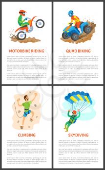Skydiving and quad biking vector, extreme sports activities, posters set with text sample. Wall climbing and skydiver in sky active people with hobbies