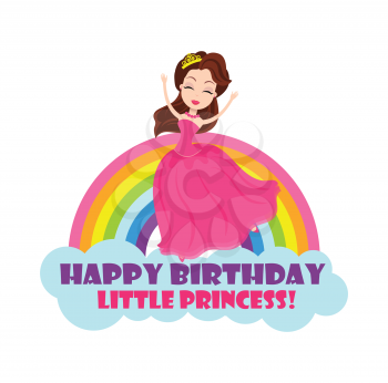Happy birthday little princess greeting card decorated by portrait view of happy queen in pink dress, cloud and rainbow, childhood postcard vector