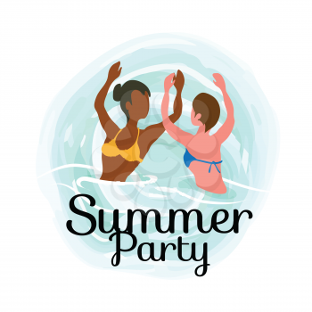 Summertime party, girls dancing in ocean, spending time at summer resort isolated vector banner. Woman on vacation swim and sunbathing, relaxing on water