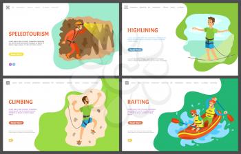 Man climbing wall training vector, practising male holding rocks, rafting team in boat. High-lining person balancing walking on thin line. Website template, landing page flat style
