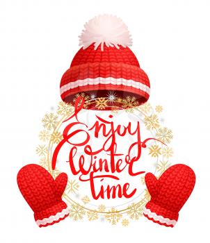 Enjoy winter time greeting card with warm red hat, white pom-pom, knitted gloves. Woolen mittens and headwear, realistic outfit gauntlet, personal accessories
