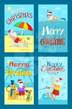 Merry Christmas, Santa Claus making photo with snowman, diving in scuba mask, riding on water skis, lying on sunbed. Saint Nicholas on summer holidays, vector
