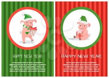 Happy New Year postcard, piglets Xmas symbol with gift boxes isolated in round frames. Pig in green scarf and hat wishing Merry Christmas vector postcards
