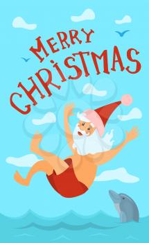 Merry Christmas, Santa Claus diving in red hat, New year character on holidays vector at skyline. Water splashes and dolphin swimming and jumping in water