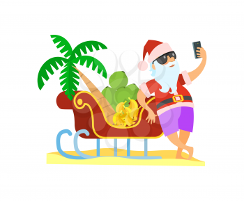 Santa standing near sleigh with palmtree and bananas and shooting yhimself in glasses and red hat. Christmas vector image in flat style isolated on white