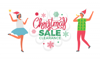 Christmas sale clearance poster, woman in Santa Claus hat. Man in sweater with pine trees, tag in wreath of snowflakes, discount label, vector people isolated