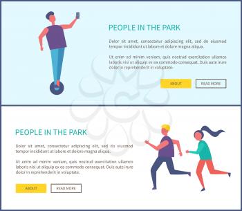 People in park boy riding on, man and woman running together vector. Couple jogging, active way of life and sport activities, poster text sample