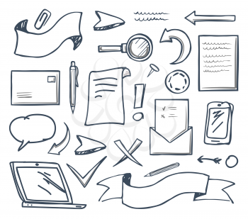 Office supplies document and arrows, pointers and indicators set vector. Cursor and banner, mobile phone and magnifying glass, cross and check mark