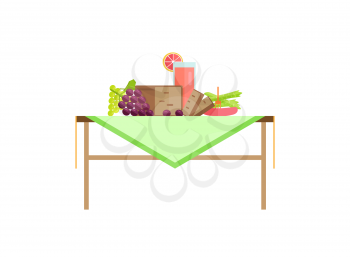 Food for breakfast and grapefruit juice in glass on table. Rye bread, white or blue grapes bunch, sausage with fork, asparagus vector illustration.