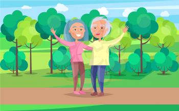 Happy grandparents senior couple wave hands on background of green trees in park vector illustration. Mature people together on walk