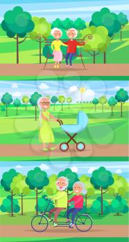 Mature people together grandparents sit on bench, walk with newborn boy and ride bike on background of green trees in park set of vectors.